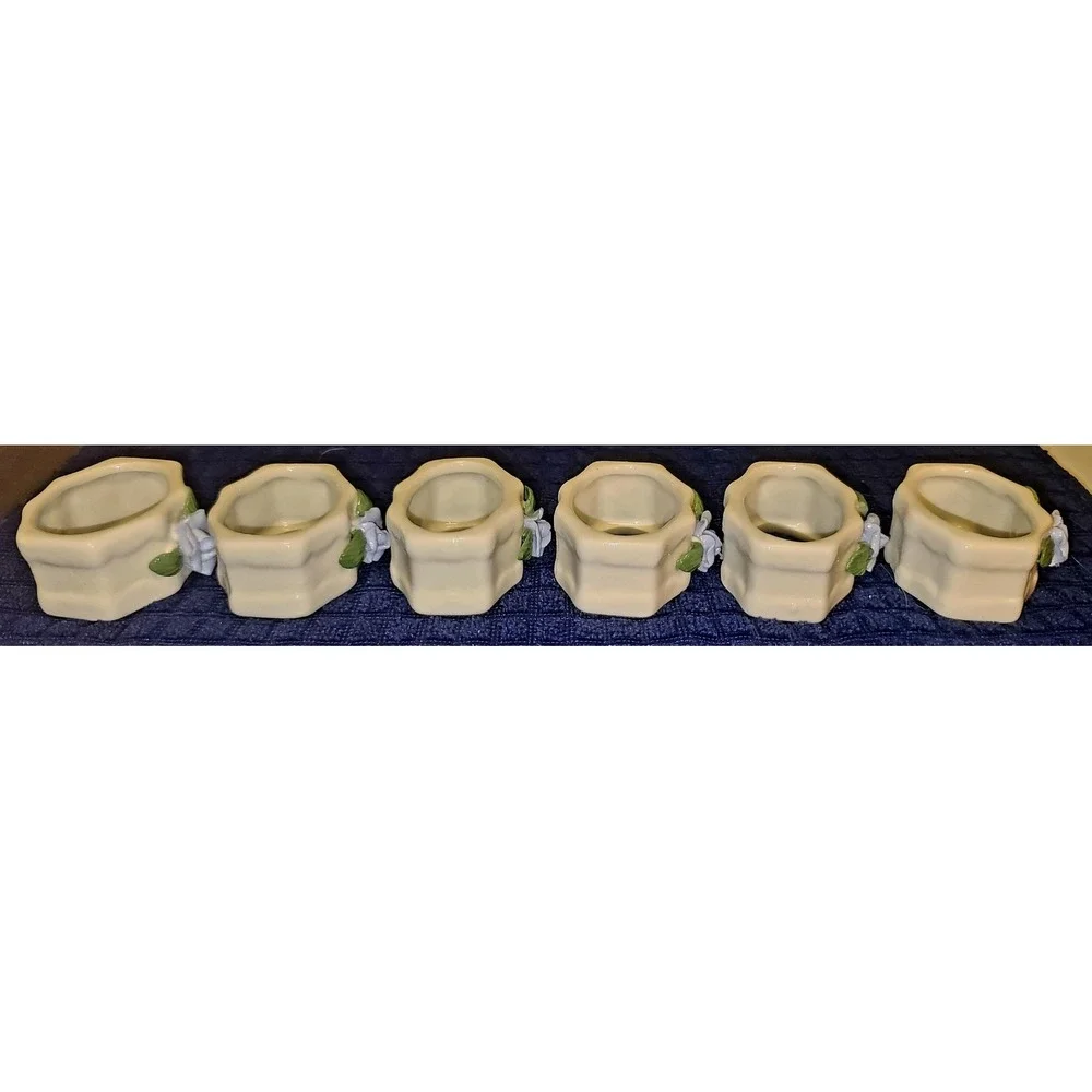 Set of 6 Vintage Porcelain Napkin Rings 3D Blue Rosettes‎ Floral Cream Hexagon
